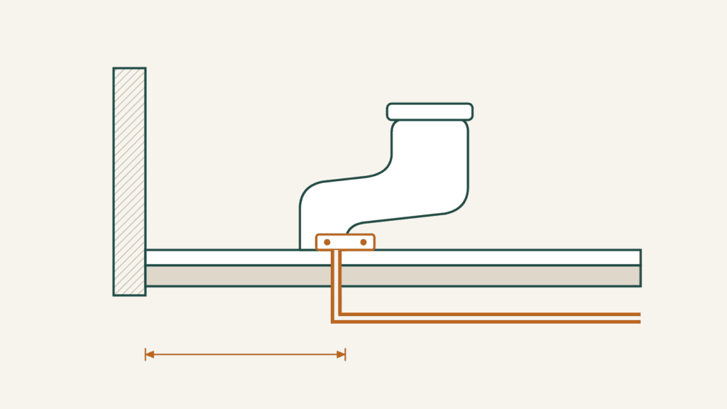 Cross-section diagram of a surface-mounted toilet flange in a mobile home floor with the rough-in distance marked