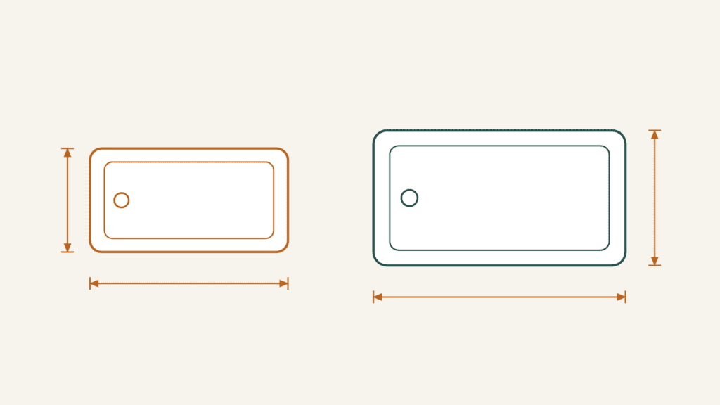 Overhead comparison of a 54 by 27 inch mobile home bathtub and a 60 by 32 inch standard bathtub with dimensions marked