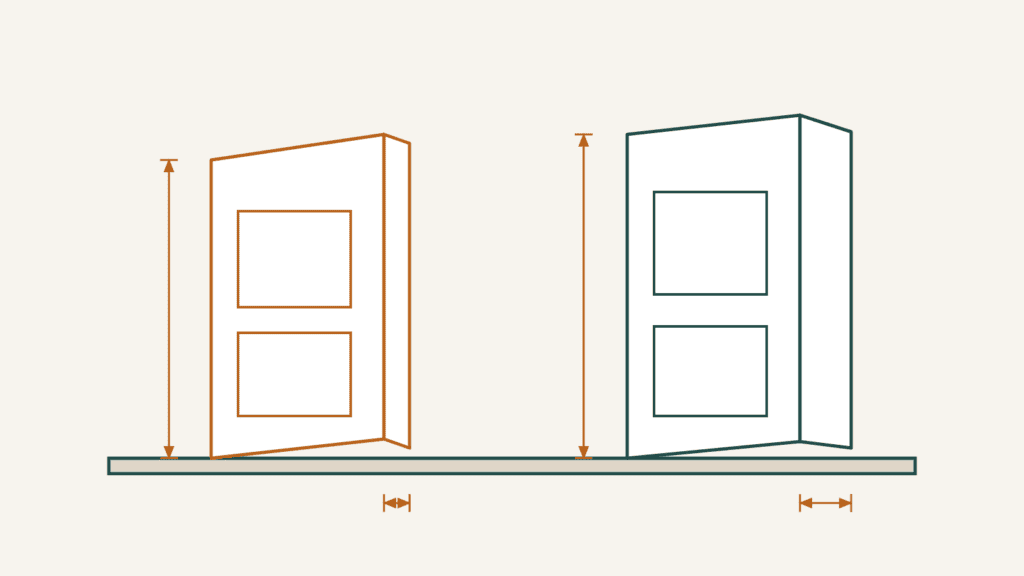 Edge comparison of a 1 3/8 inch mobile home interior door slab and a 1 3/4 inch standard door slab