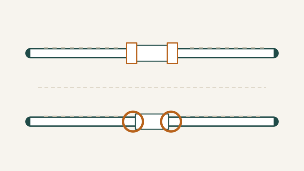 PEX vs polybutylene compared: an insert fitting with a crimped aluminum band beside a copper crimp ring