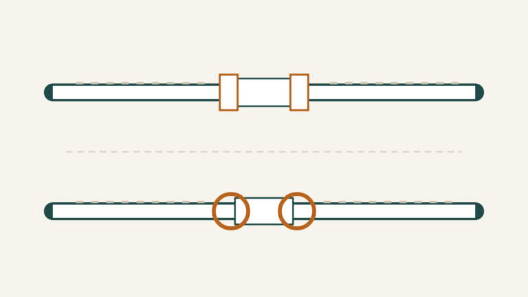 PEX vs polybutylene compared: an insert fitting with a crimped aluminum band beside a copper crimp ring