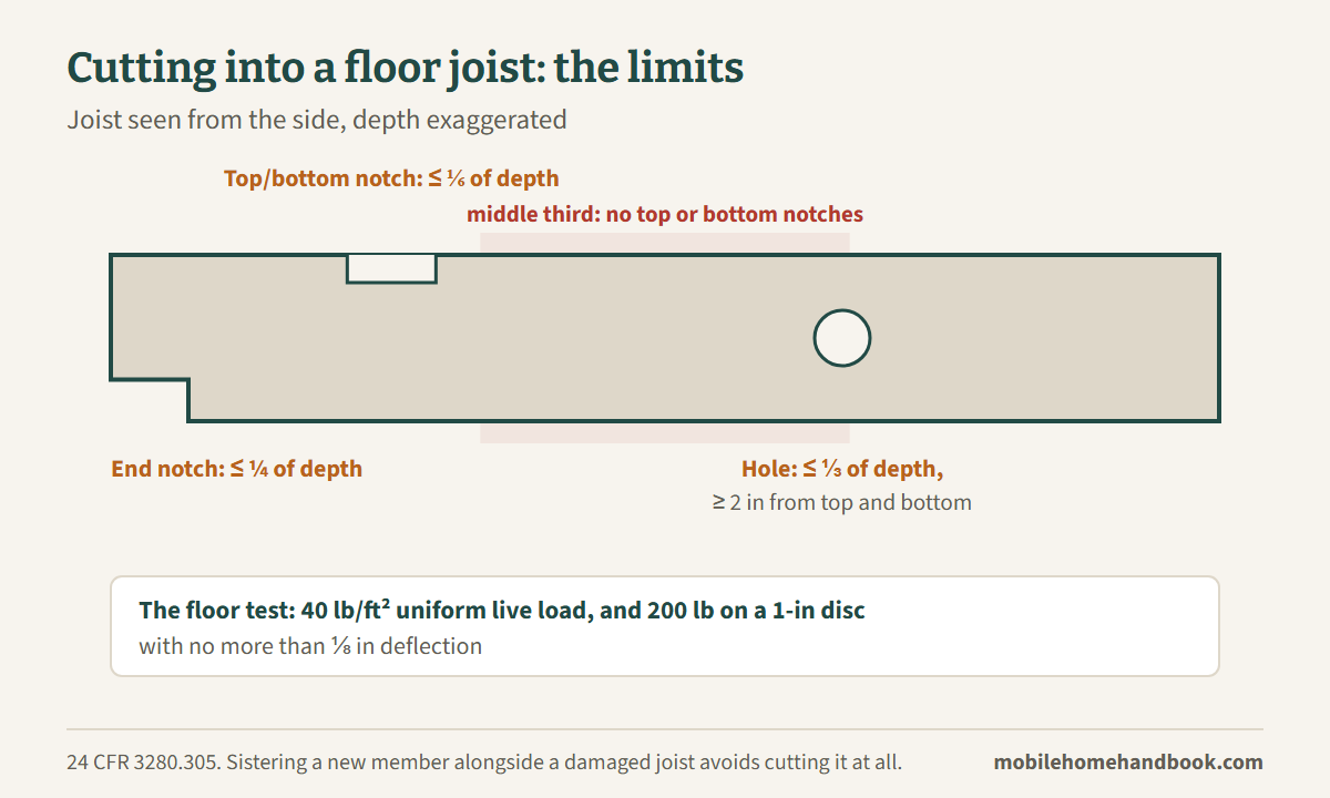 Floor joist showing the limits on end notches, top and bottom notches and bored holes